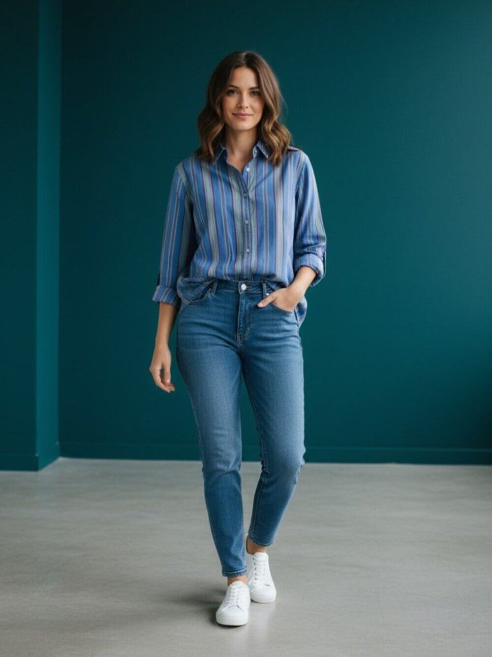 Lauren Ralph Lauren Shirt Women’s 14 Blue Striped Cotton Button Down Long Sleeve